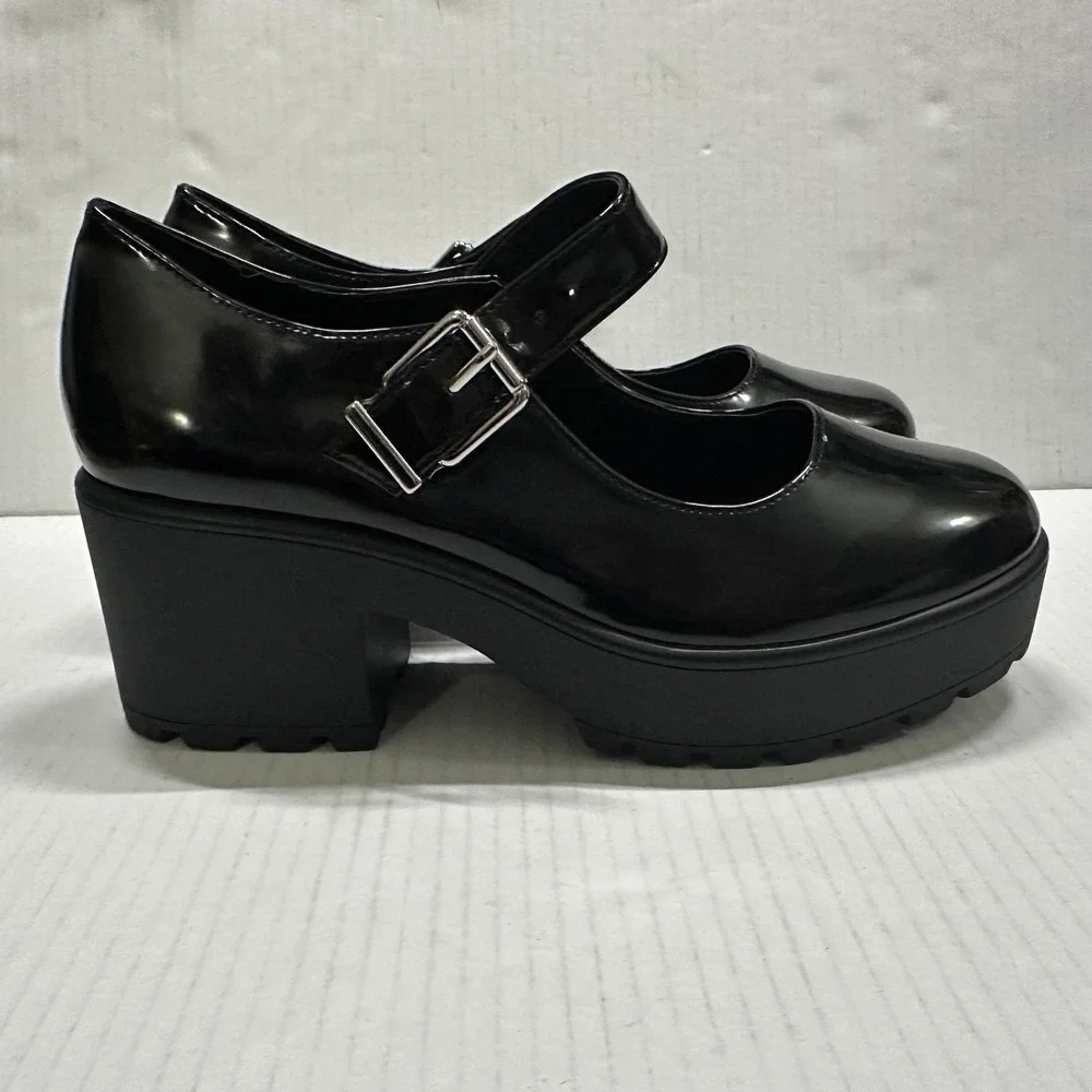 GB Mary Jane‎ Platform Heel Shoes Womens 8.5 Shiny Black Block Lug Sole Y2K